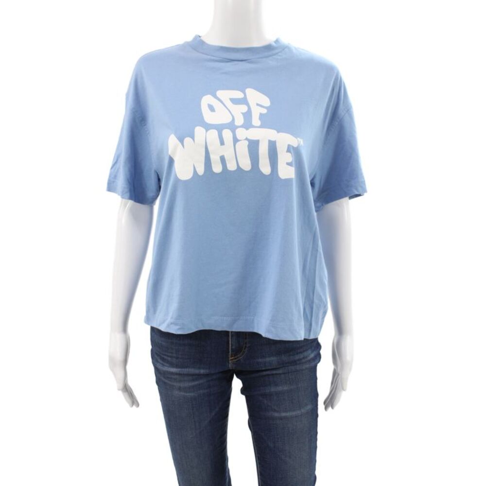Off White Women Basic Blue Cotton Crew Neck Short Sleeve T-Shirt Size L